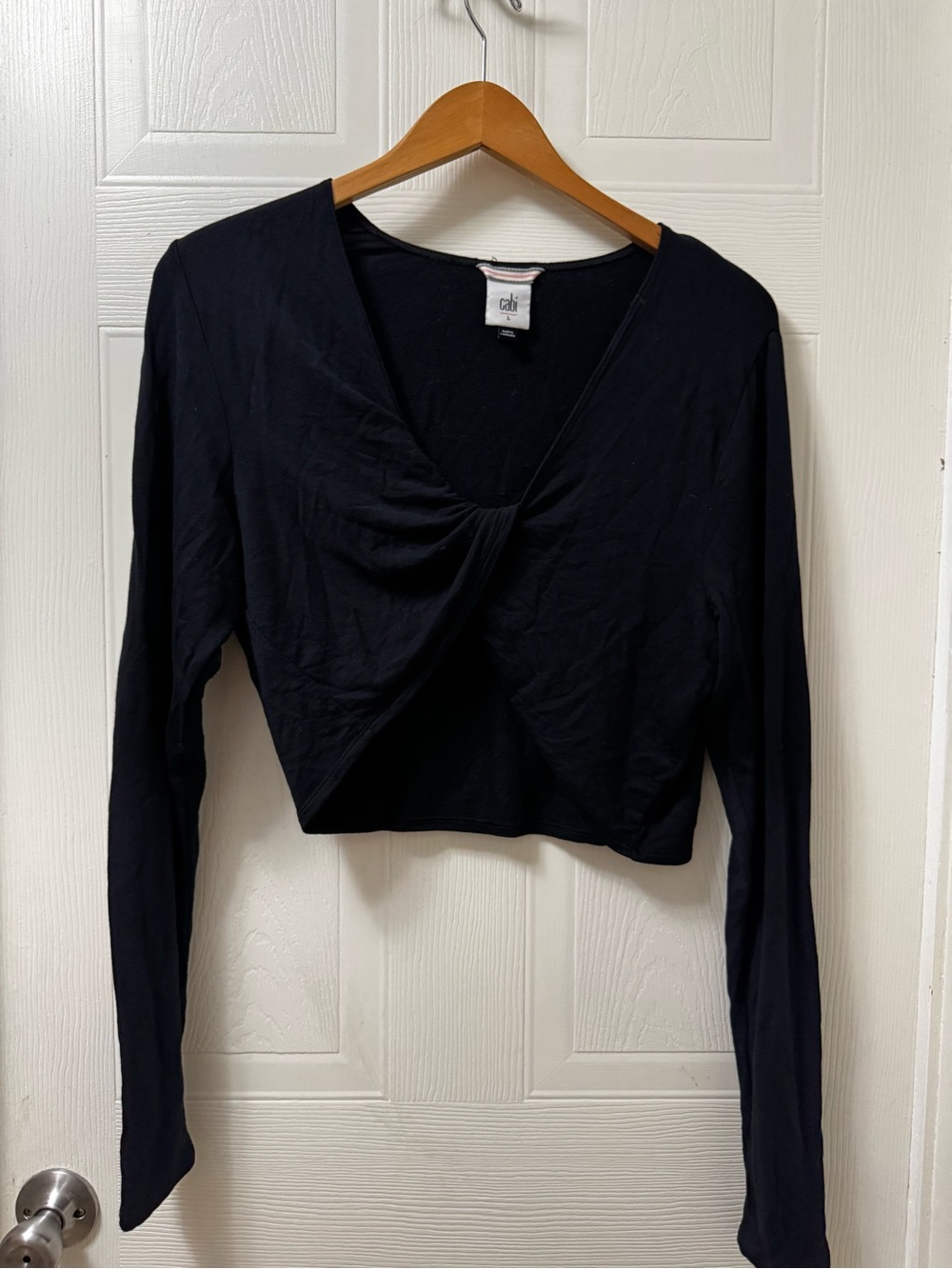 CAbi Black Twist-Front Long-Sleeve Crop Top